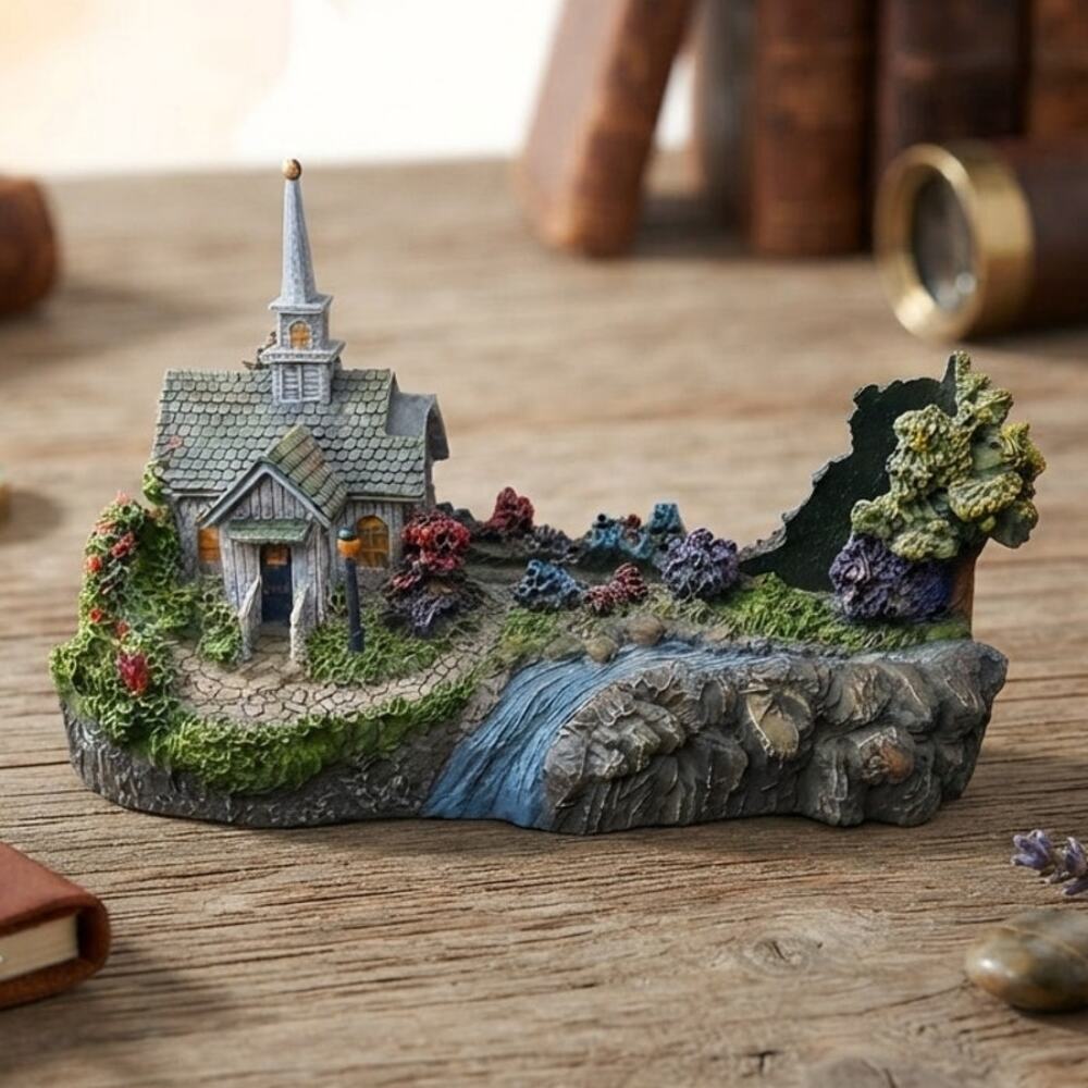 Thomas Kinkade Lighted Forest Chapel Church Business Card Holder Tested